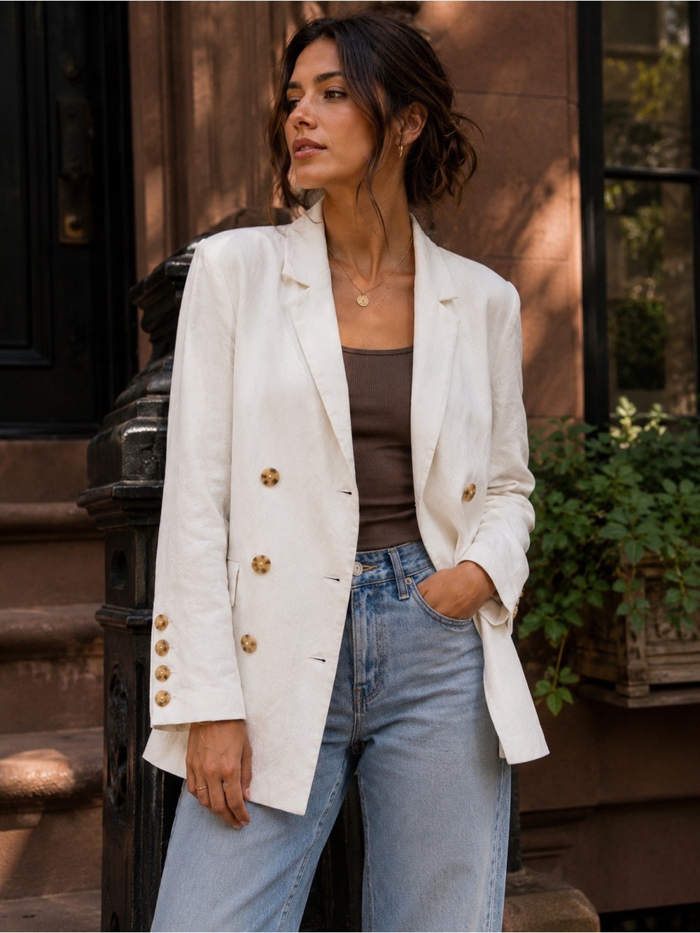 Free People Olivia Ivory Linen Blend Double Breasted Blazer Small
